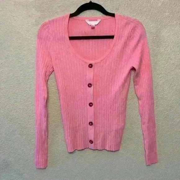 Barbie pink long sleeve sweater w/buttons sz M preppy neon lightweight bright - Picture 1 of 6